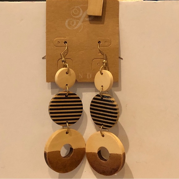 NWT Earrings by Plunder- dangle style with triple wood circles - Picture 1 of 9